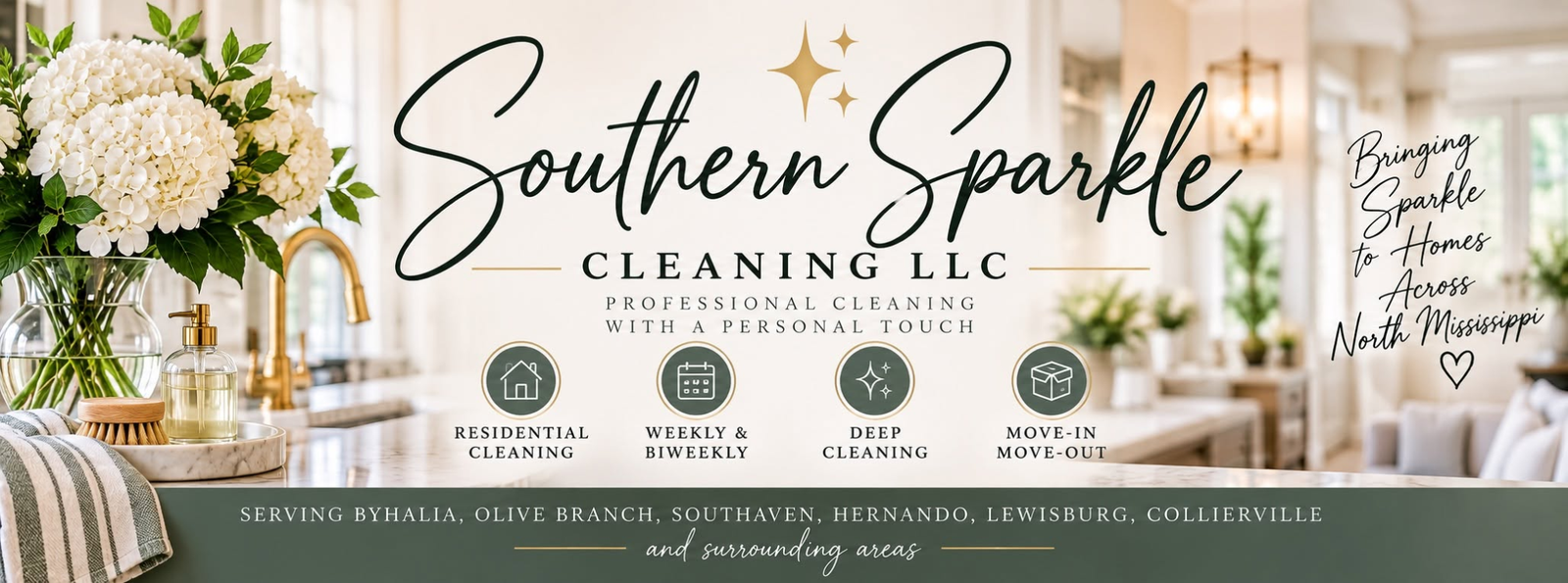 Southern Sparkle's branded illustration of a bright home interior and cleaning services