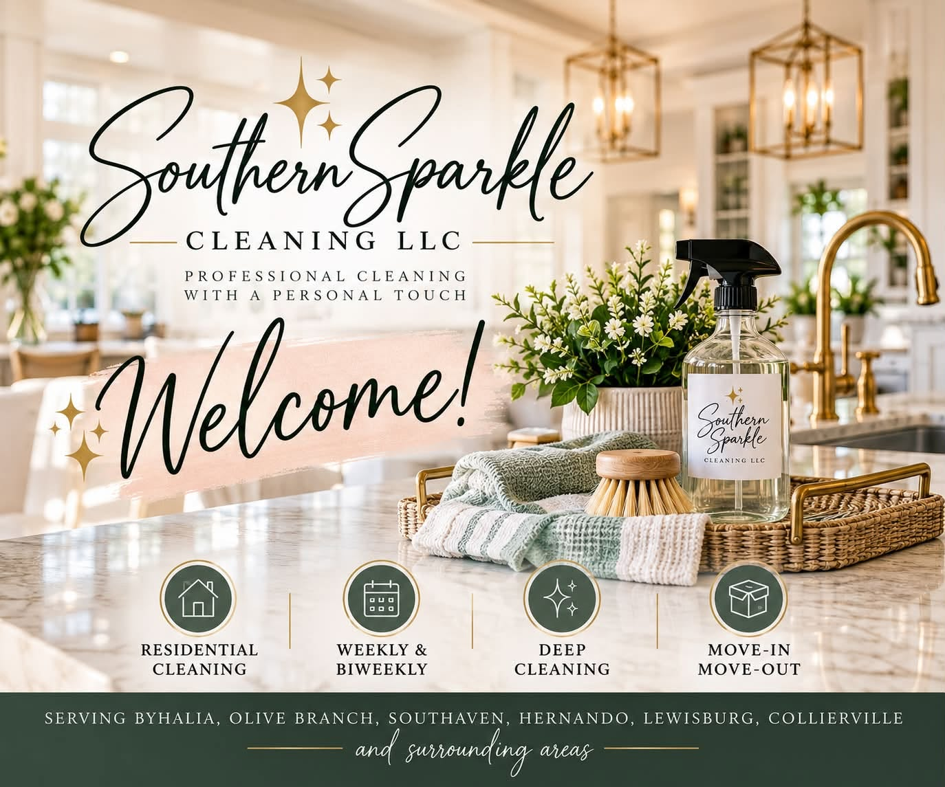 Southern Sparkle welcome artwork featuring a beautifully maintained kitchen