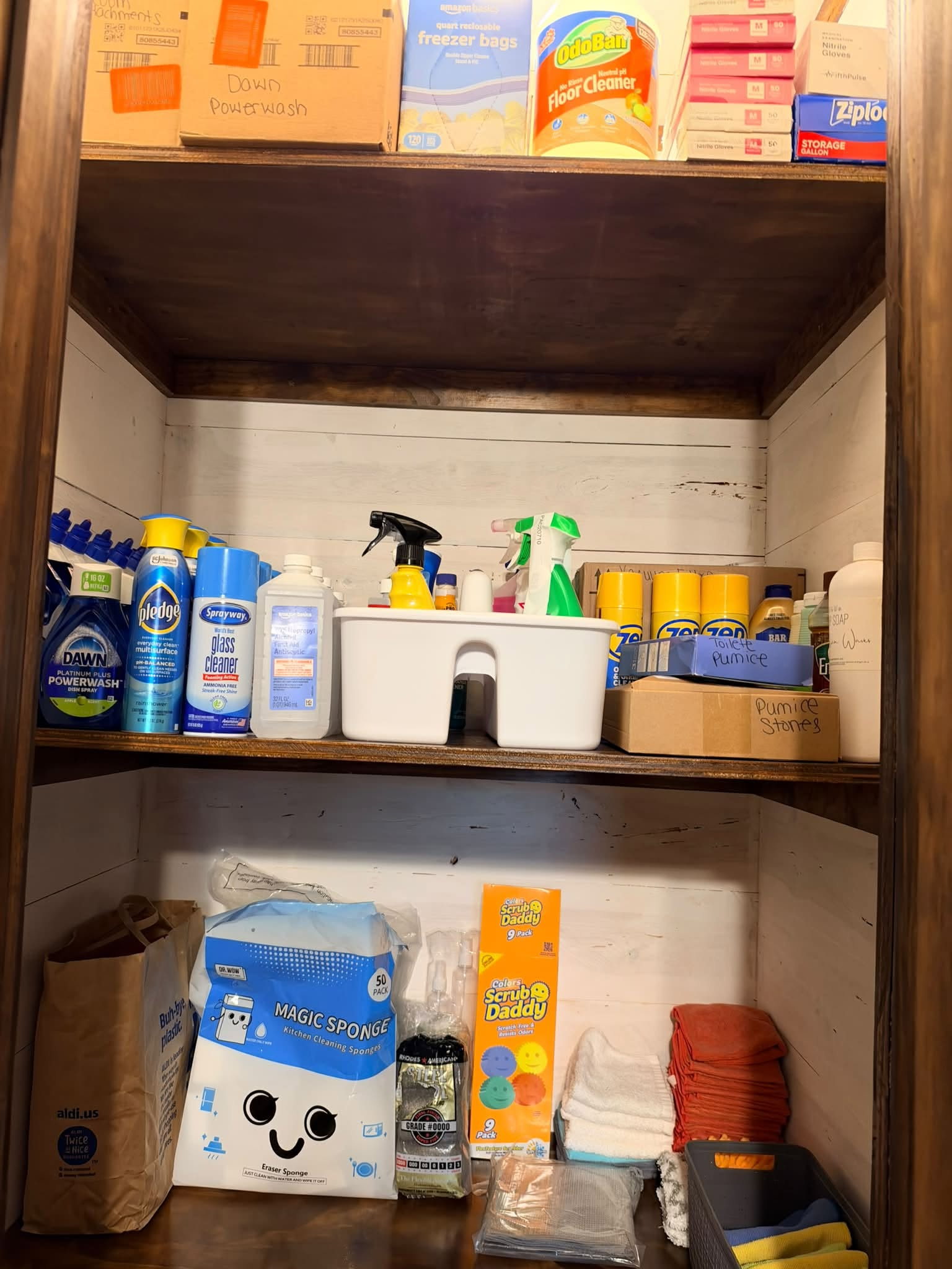 Authentic photograph of Southern Sparkle Cleaning's organized cleaning supplies